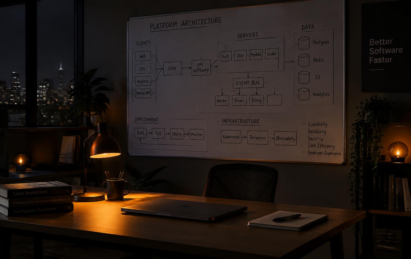 Software architecture diagrams on a whiteboard in an engineering studio