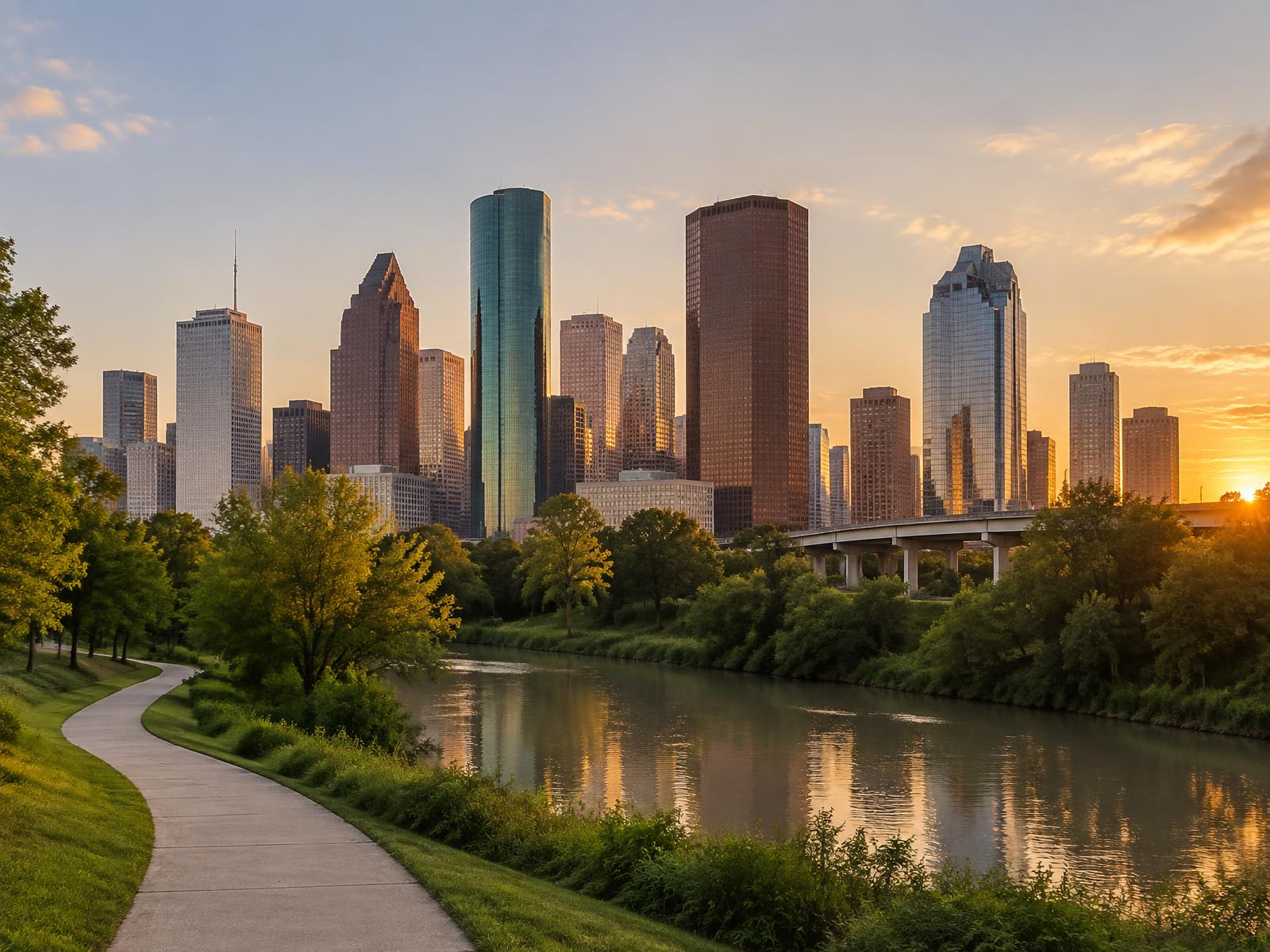 Downtown Houston skyline from Buffalo Bayou Park at sunset